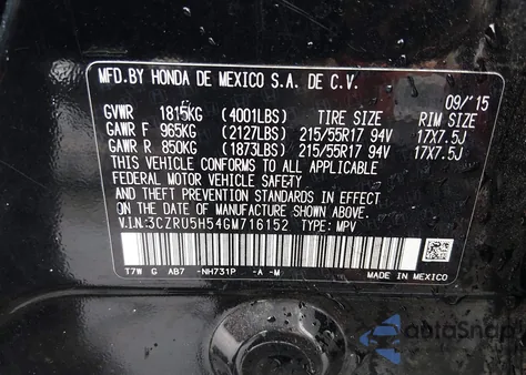 2016 Honda Hr-V Ex from USA, damaged, VIN 3CZRU5H54GM716152
